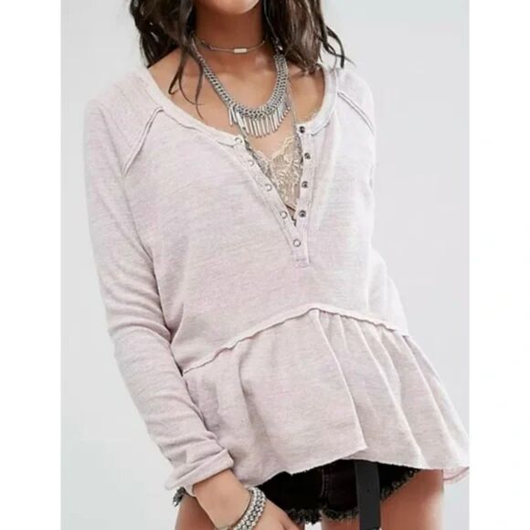 Free People Coastline Waffle Thermal Ruffle Top, Sz Small, Lavender Pink Boho - Picture 1 of 10